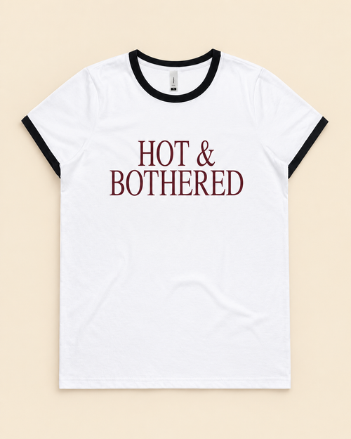 Hot & Bothered white and black Maple Ringer Tee on a cream background