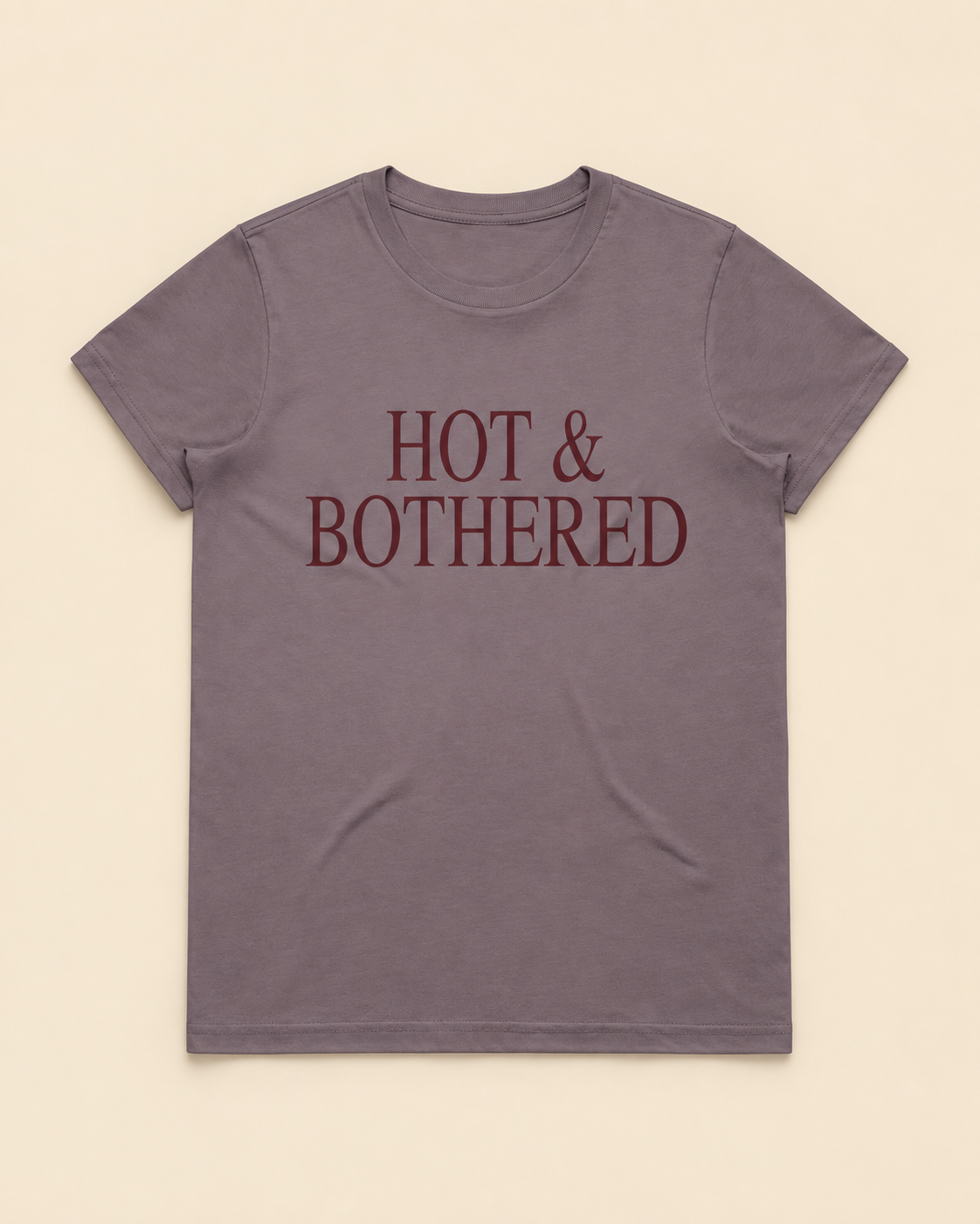Hot & Bothered Maple Tee in Mauve on a cream background